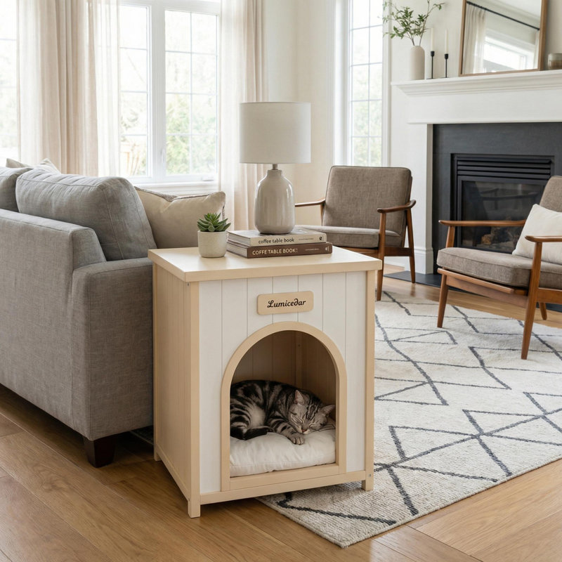 Table de bout pour chat caché en bois massif 