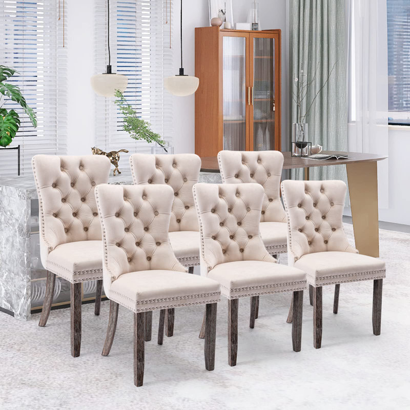 Velvet Dining Chair Tufted Dining Room Chair With Solid Wood Leg (set Of 6), Beige