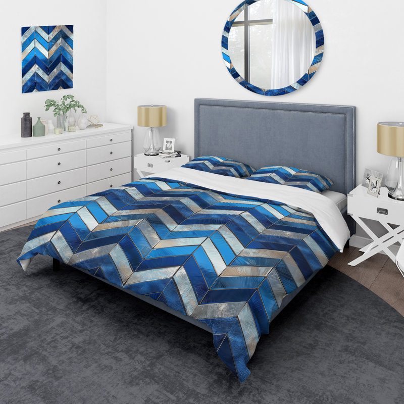 Ensemble de housse de couette moderne à chevrons bleu argenté et bleu métallique