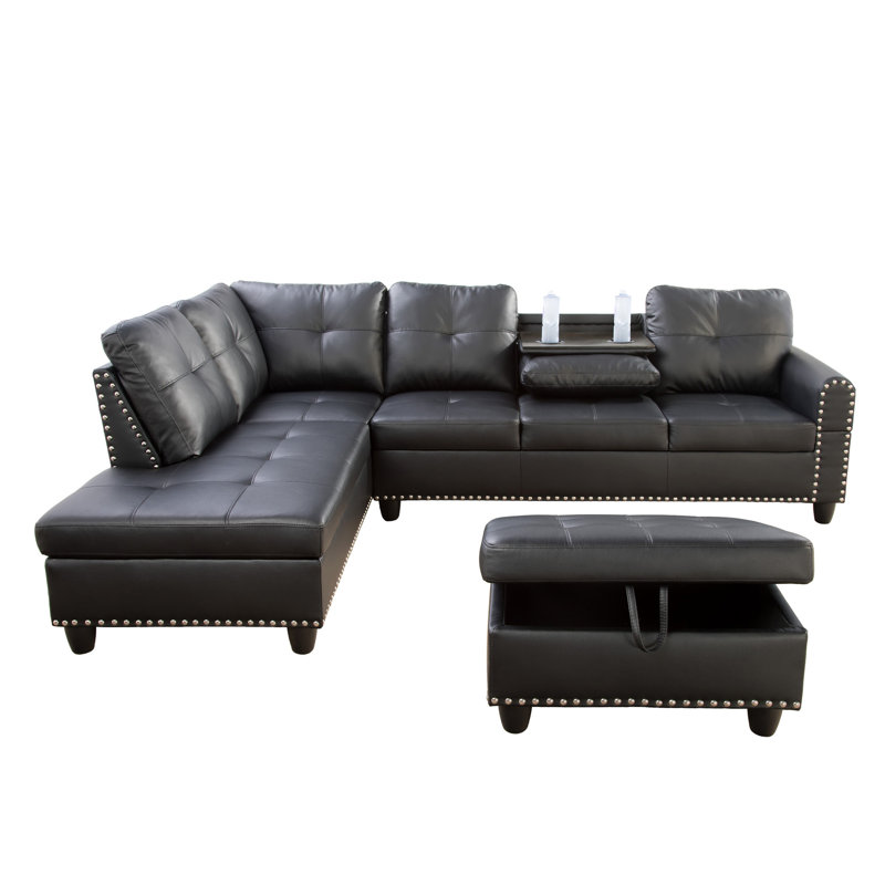 Canapé modulaire avec repose-pieds Plyler, Similicuir noir, Orienté à gauche (vu de face)