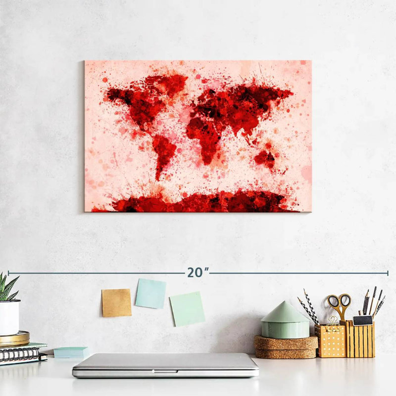 Éclaboussures de peinture sur la carte du monde Aliaz - rouge, H 8 po x l 12 po