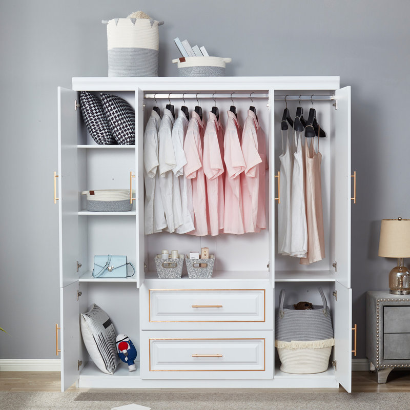 74 po H, 4 portes, 2 tiroirs avec tringles de suspension, garde-robe en bois blanc