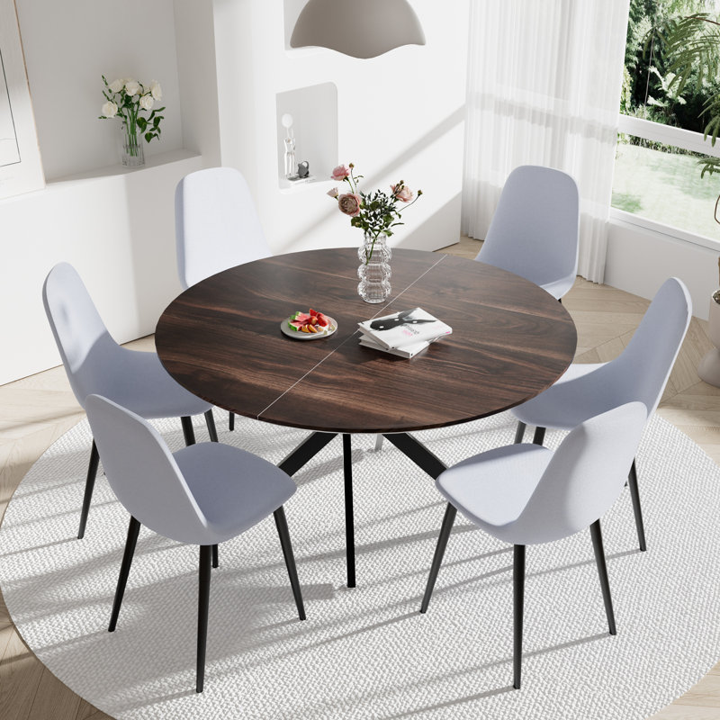 Round 47'' Dining Set, Dark Gray, 7, Brown