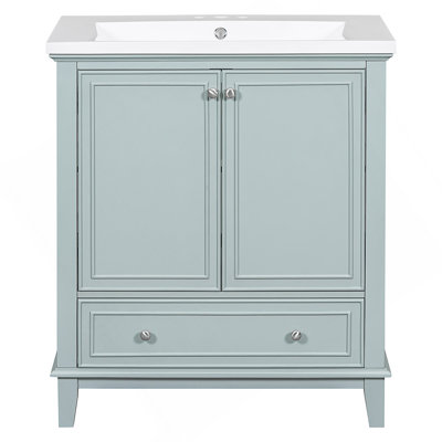 Meuble-lavabo de 30 po avec lavabo, structure en bois massif durable, rangement multifonctionnel et plateau en céramique lisse