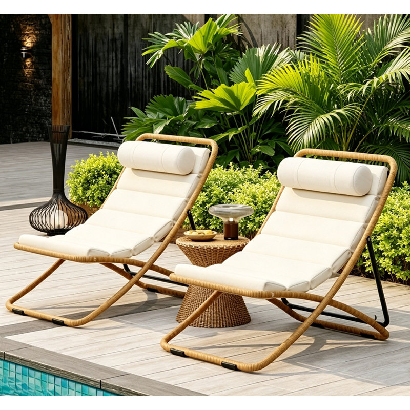2-PiecesFoldable Outdoor Rattan Lounge Chair with 2-Position Adjustable Backrest, Waterproof Thick Foam Cushion & Detachable Headrest, Reinforced X Metal Frame Patio Chaise for Pool Beach Camping Backyard