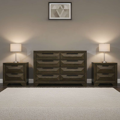 Boudin 3-Piece Contemporary Bedroom Set with Walnut Solid Wood Dresser and 2 Matching Nightstands Featuring Sculpted Drawer Fronts