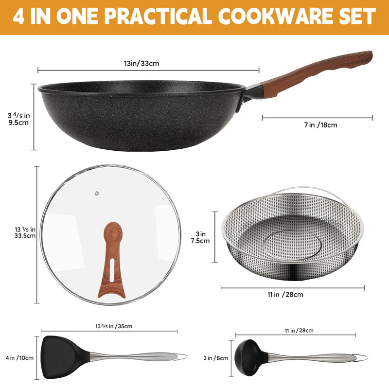 13'' Nonstick Black Wok with Lid and Steamer Basket