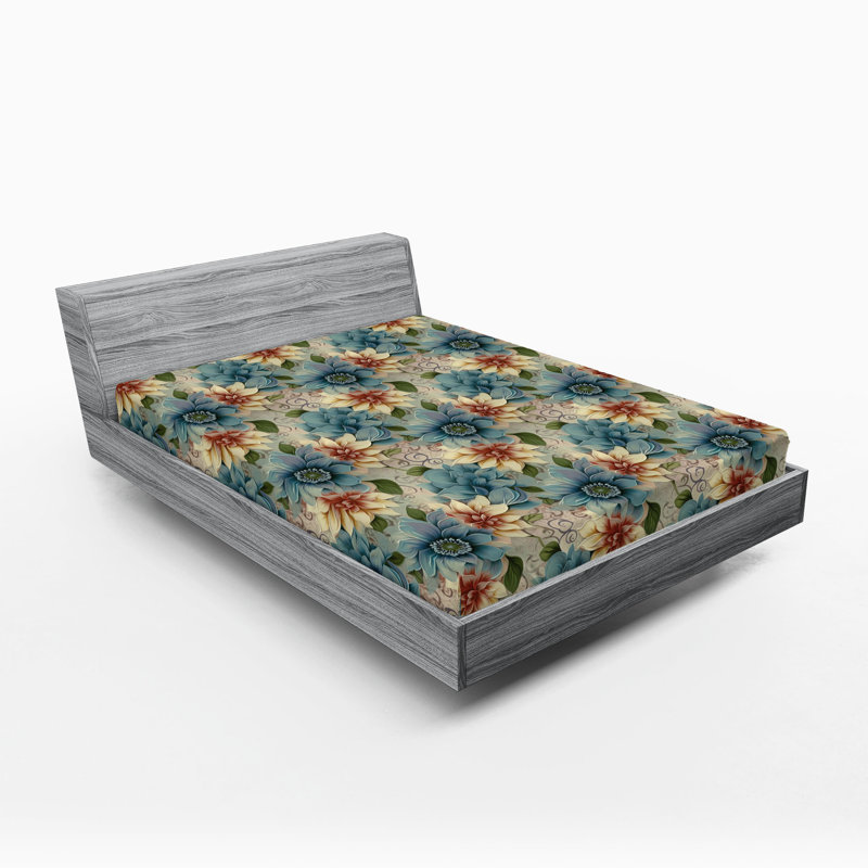 Drap-housse rustique Ambesonne, Drap-housse grand, Bleu sarcelle pâle, crème, rubis pâle / floral