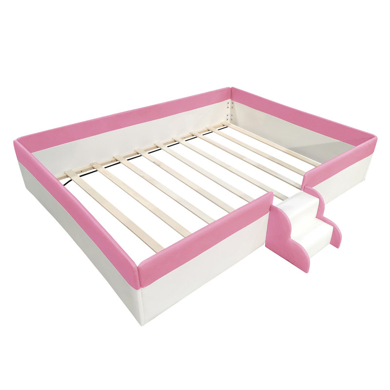 Tamaj Upholstered Daybed Frame with Fence and Stairs, King, White/Pink