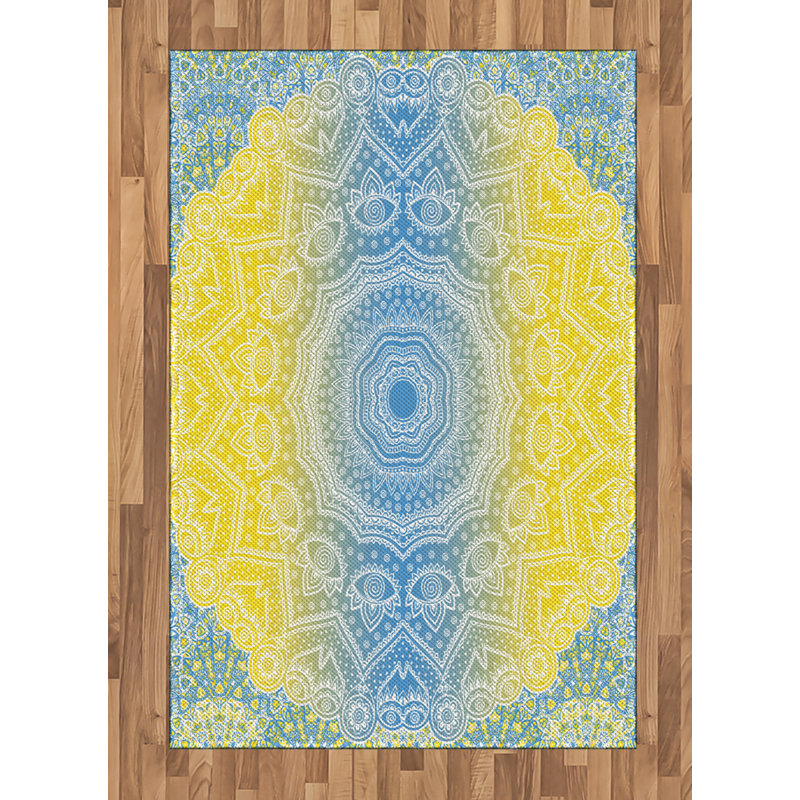 Blue and Yellow High Density Long Fiber Poly Threads Decorative Area Rug Carpet, Rectangle 4' x 5'8"