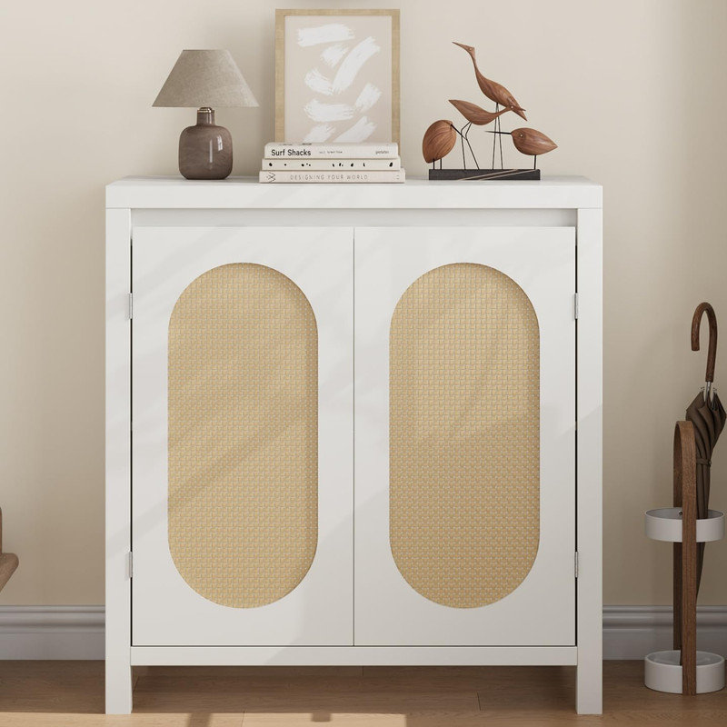 Storage Sideboard Cabinet with Rattan Doors, Adjustable Shelf Accent Unit for Living Room, Dining Room or Entry Area, White