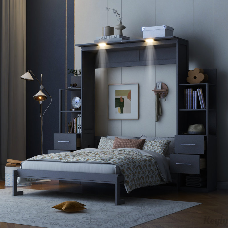 Lit escamotable mural avec tablettes, tiroirs et lumières Murphy, gris