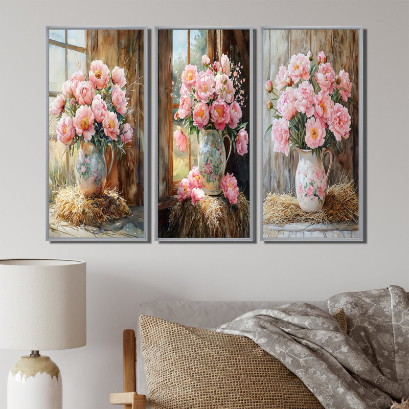 Bouquet de pivoines champêtres dans un vase à lait I - Collection d'art mural traditionnel, H 40 po x l 60 po, Argent argent