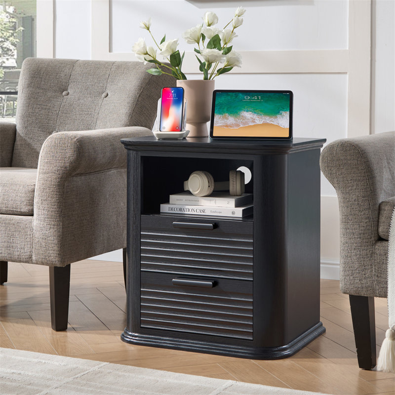 Table de chevet cannelée 22 po avec station de charge, Noir