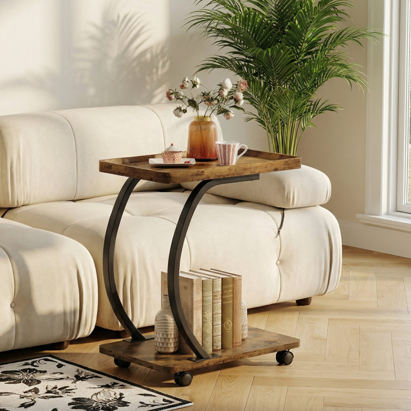 Table de bout en C avec roulettes, table d'appoint industrielle avec structure en métal robuste pour les petits espaces, salon et chambre à coucher