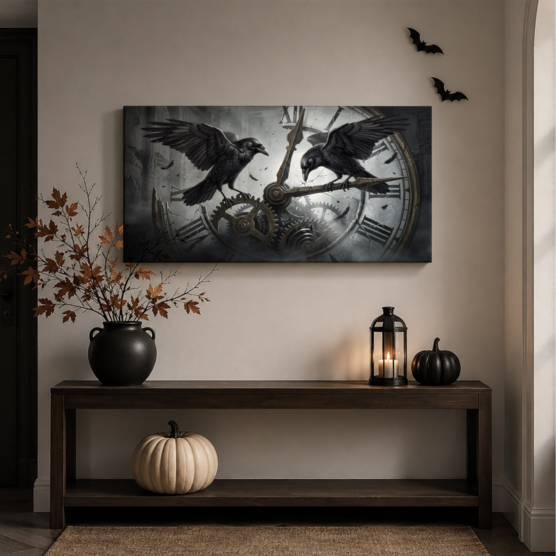 Art mural sur toile, "Deux corbeaux noirs sur une horloge brisée"