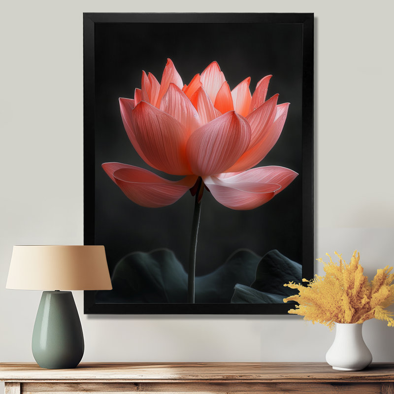 Pink Grey Serenity Glass Lotus III - Lotus Wall Decor, Black Single Picture Framed, 30" H x 40" W