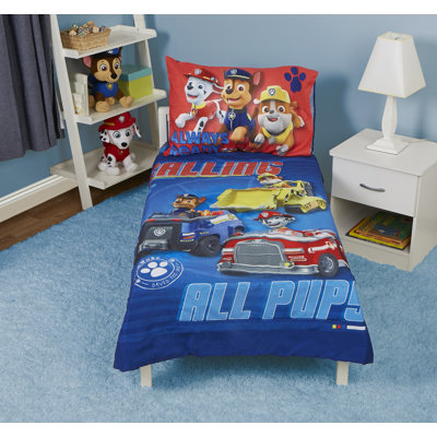  Paw Patrol Calling All Pups 4 Piece Toddler Bed Set Includes - Comforter, Fitted Bottom Sheet, Flat Top Sheet, Reversible Pillowcase