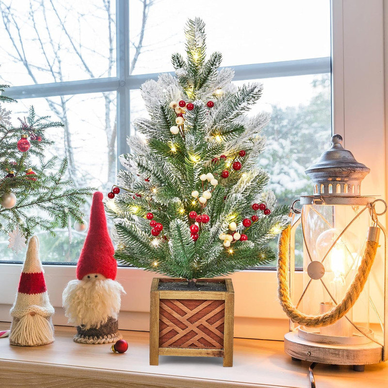 24 Inch Pre-lit Mini Christmas Tree with Lights, Small Green Frosted Artificial Tabletop Xmas Trees