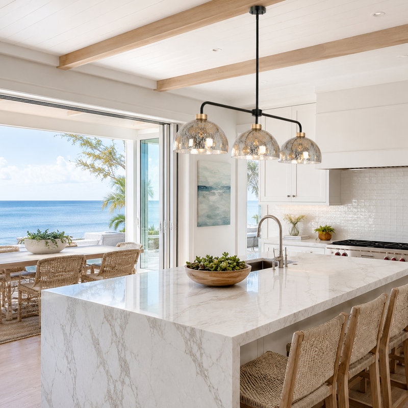3 Light 45inches Dimmable Modern Kitchen Island Linear Pendant Mercury Glass Shades