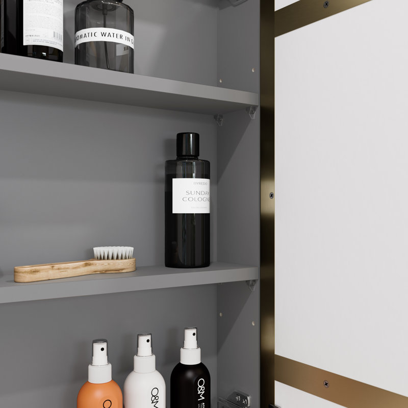 Three Door Steel Frame Square Shape Medicine Cabinet, Satin Brass