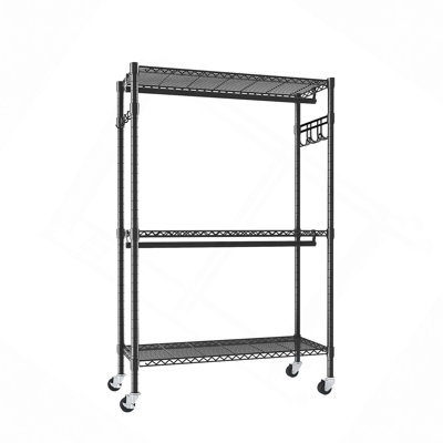 Rolling Clothes Rack, Clothes Rack With Wheels, 3 Tiers Adjustable Wire Shelving Clothes Rack With 2 Clothes Rails And Side Hooks, Freestanding Portable Closet Organizer