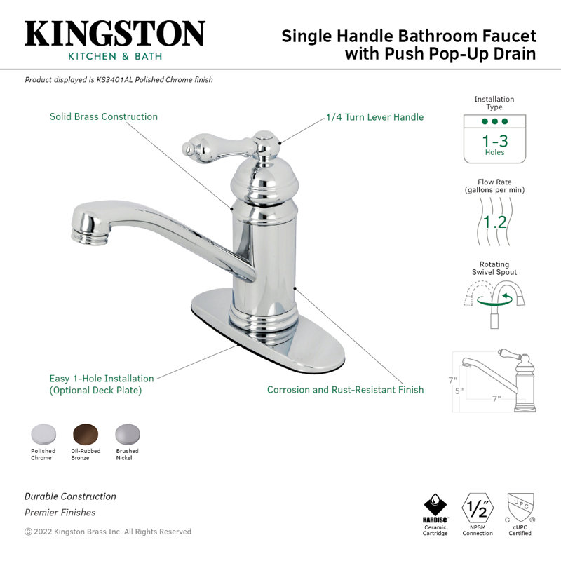 Kingston Brass Vintage Single-Handle 1-Hole Deck Mount Bathroom Faucet with Push Pop-Up, Brushed Nickel
