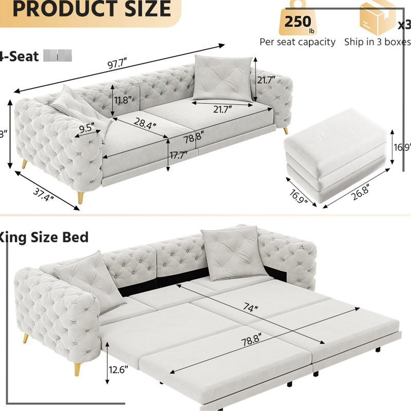 97.7 " Velvet Sleeper Sofa