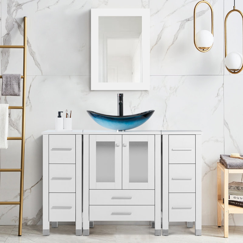 Meuble-lavabo simple 48 po avec plateau Graycelyn, Bleu, Blanc