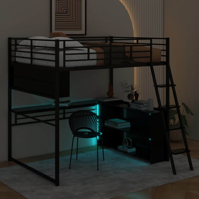 Lit mezzanine double en métal avec DEL, bureau et tablettes de rangement