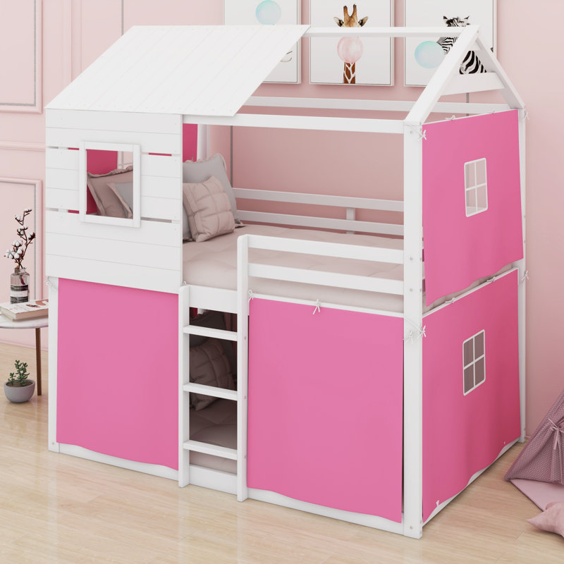 Lits superposés en bois massif avec échelle, garde-corps, tente et fenêtre, Double sur double, Rose/Blanc