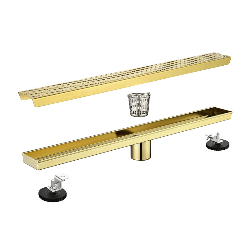 24 Inches Linear Shower Drain, Included Hair Strainer And Leveling Feet, Brushed Gold