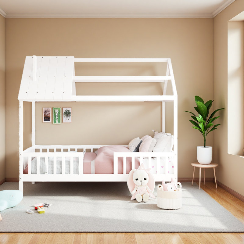 Lit simple en bois avec clôture, Blanc