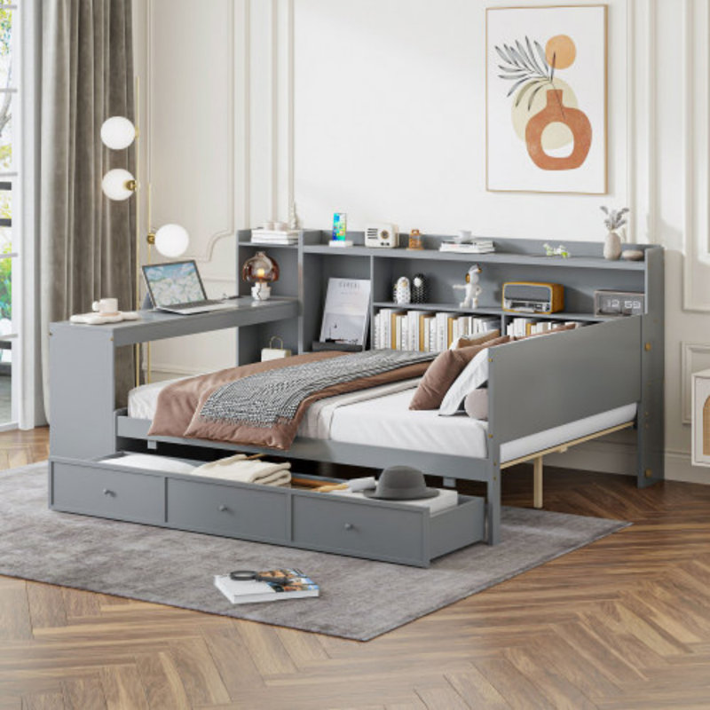 Lit de jour en bois avec 3 tiroirs, gris, Double