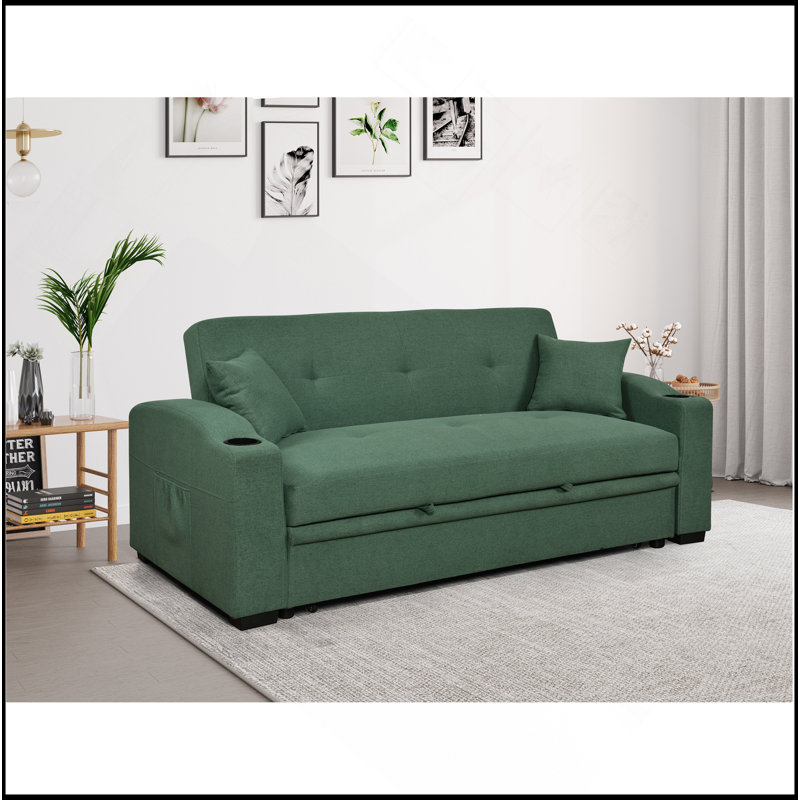 Canapé moderne convertible 75 po 3 en 1 avec lit escamotable pratique, dossier inclinable, porte-gobelets, coussins et poches, futon pour le salon