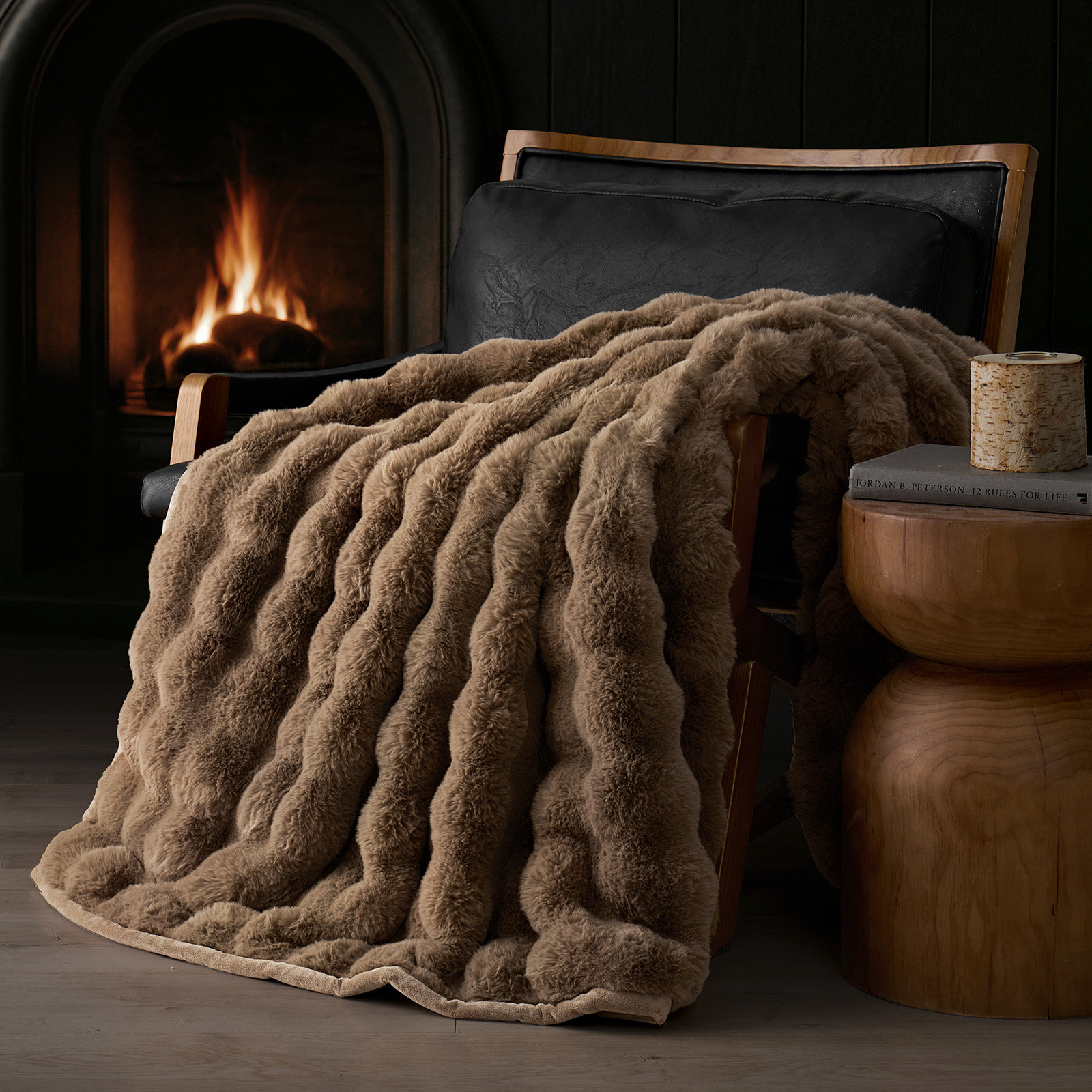 Faux Fur Weighted Throw Blanket, 80" L x 60" W, Natural Tan