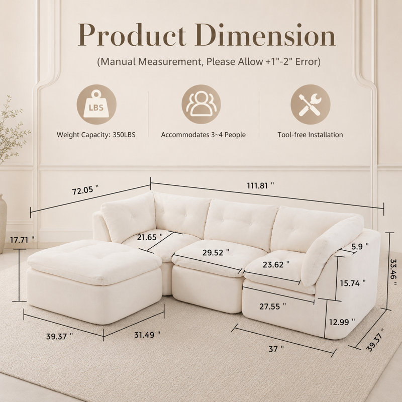 Canapé modulaire de 112 po avec repose-pieds, chenille, sans assemblage, blanc, Blanc
