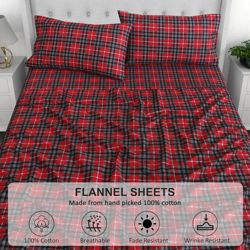 Ensemble de draps en flanelle 100% coton, 4 pièces, draps d'automne chauds et douillets de 16 po, Carreaux rouges