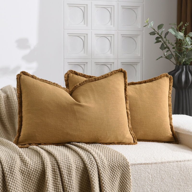 Housse de coussin en lin délavé texturé Boho Farmhouse, Jaune terre, Rectangle H 12 po x l 20 po