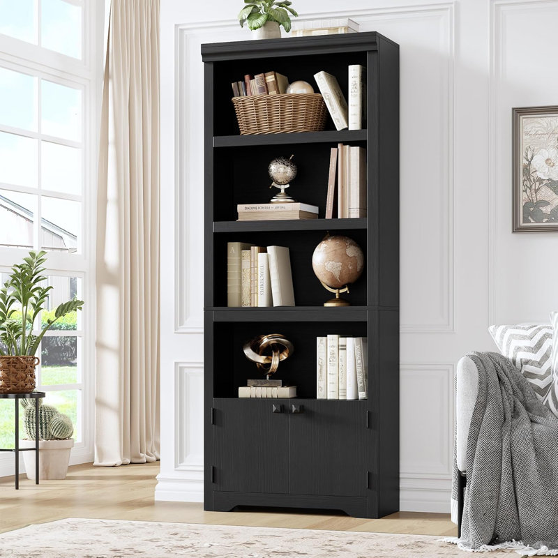 Bibliothèque à 5 niveaux de 23,6 po de large avec 2 portes et tablettes réglables, rangement pour bureau personnel, noir