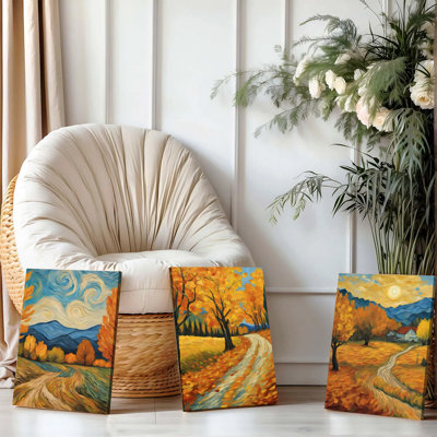 Ensemble de 3 affiches encadrées, reproduction de peinture à l'huile style Van Gogh, représentant des paysages d'automne avec des arbres flamboyants et une route de campagne. Décor moderne pour le salon, la chambre ou le bureau. Prêtes à accrocher.
