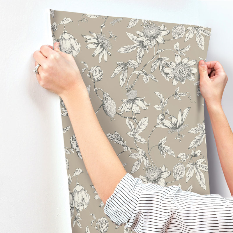 Passion Flower Toile Floral Wallpaper Roll, Linen