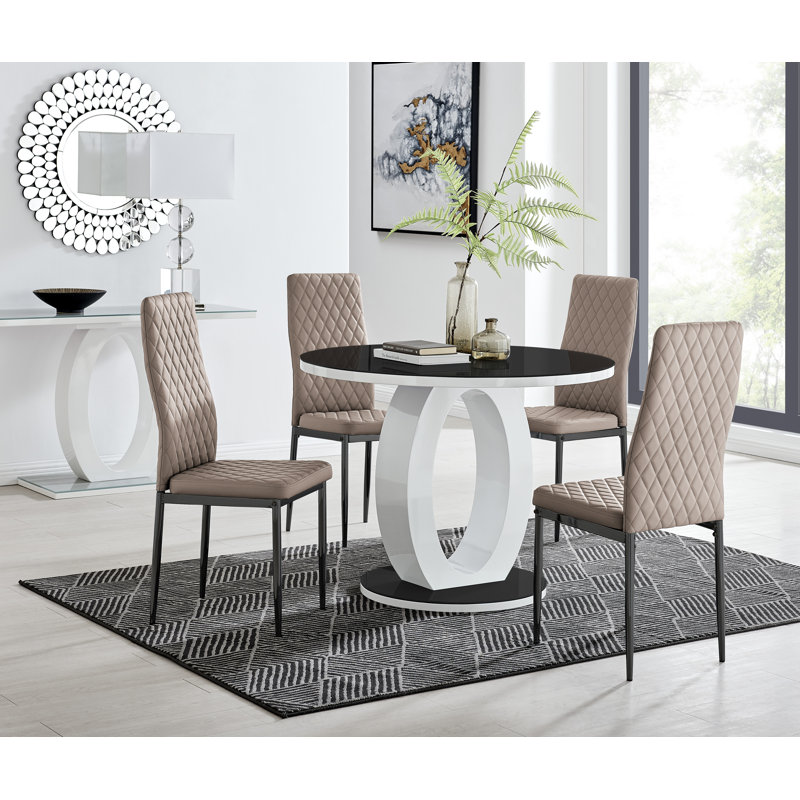 Scottsmoor 6 Seater High Gloss Round Dining Table Set with 6 Luxury Faux Leather Dining Chairs, Black, Cappuccino/Black