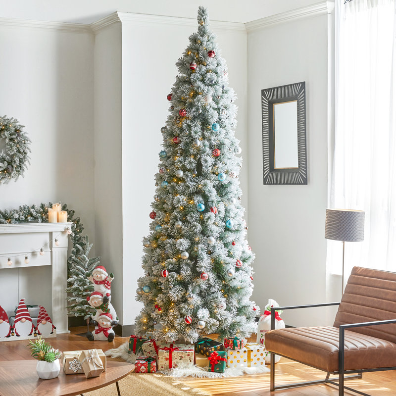 9' White Flocked Pine Christmas Tree with Multicolored Lights