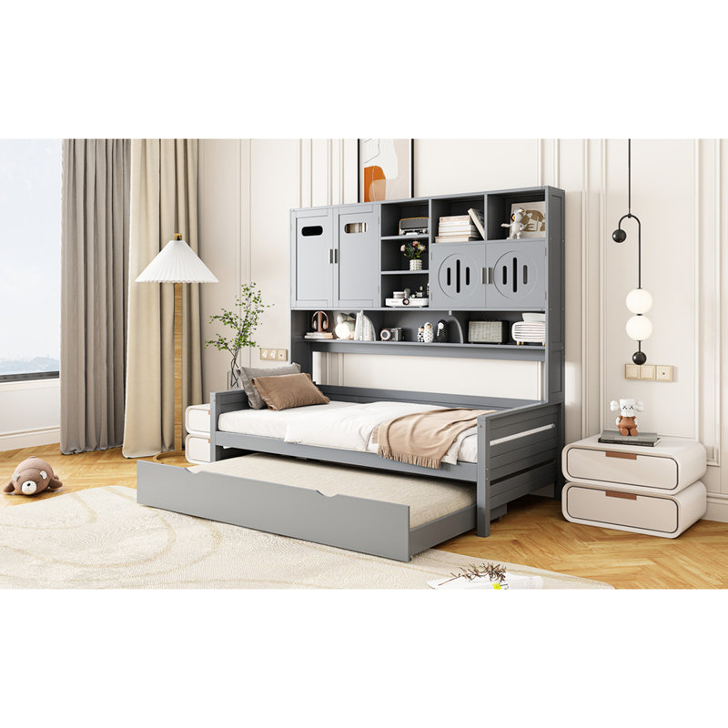 Twin Size Daybed With Grey Wooden Body, Trundle And Handy Cabinet Solution Practical Shelf - Long-Lasting Build, Twin