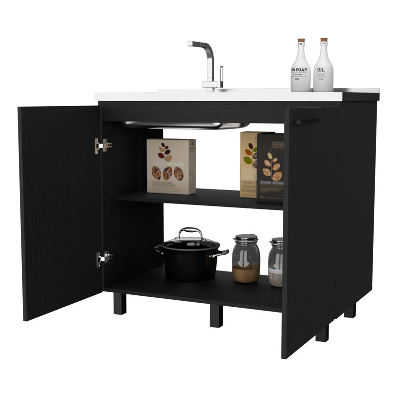 Évier et armoire utilitaire noir avec 2 compartiments pratiques pour une construction pratique, Noir