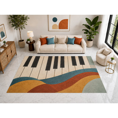 "Ultra Thin" Large 6'7" x 9'10" Piano Keys Wave Rug, Soft Low Pile Indoor Rug, Non-Slip Silicone Backing for Living Room Beige