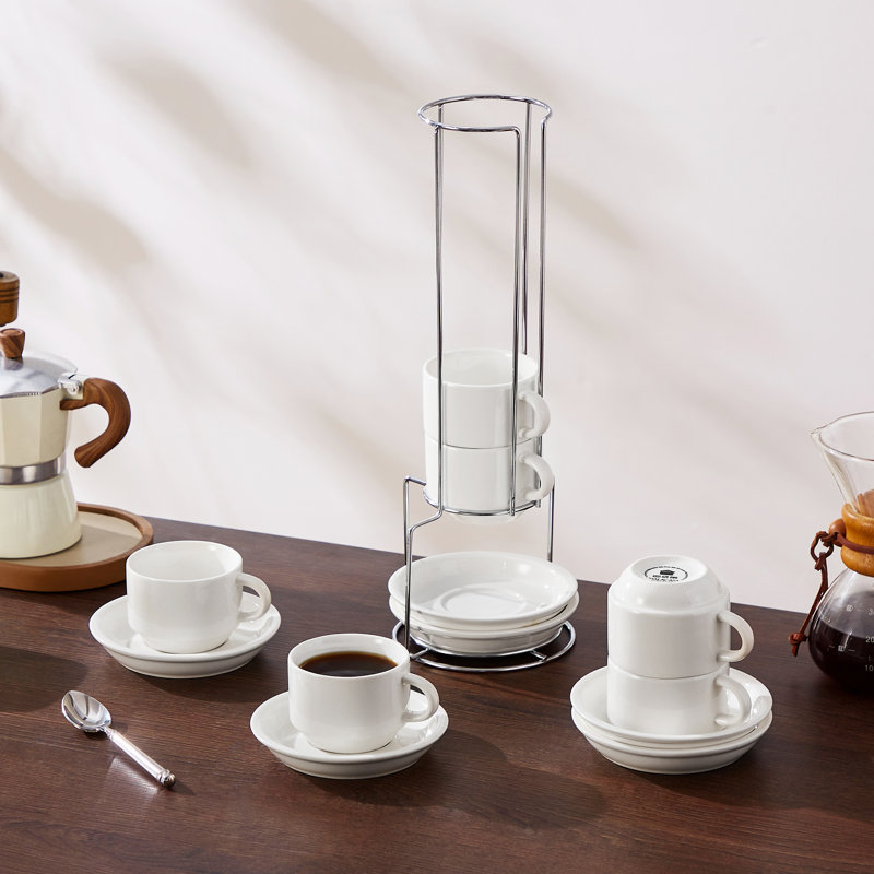 Ensemble de 6 tasses à café et soucoupes empilables en céramique blanche avec support en métal argenté | 5 tasses à cappuccino 5 oz, rangement peu encombrant