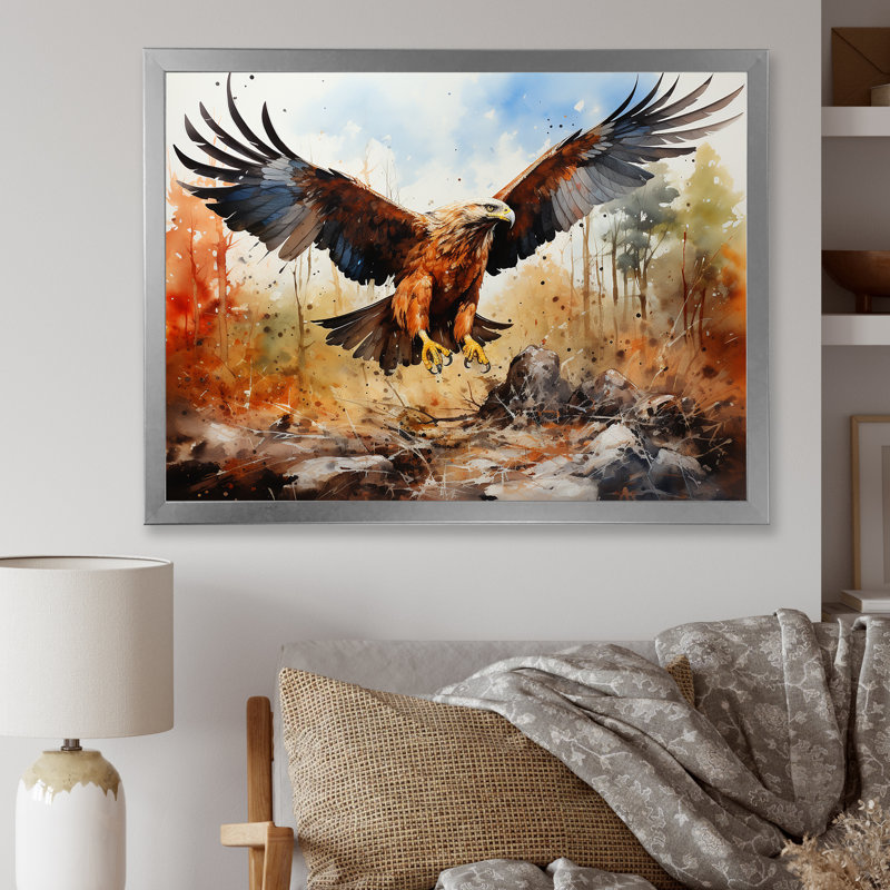 Aigle en vol chasse sur toile, Cadre simple argenté, H 16 po x l 32 po x P 1 po