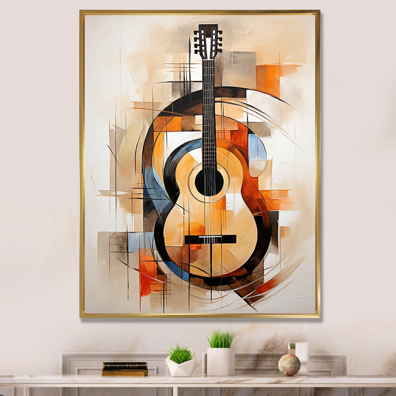 Guitare, simplicité, terreux brun I - musique, impressions murales, Cadre flottant doré, H 32 po x l 16 po x P 1 po